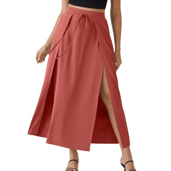 HALARA Breezeful Tie Front 2 In 1 Flowy Maxi Skirt Flame Red Size Small NWT - Picture 1 of 9
